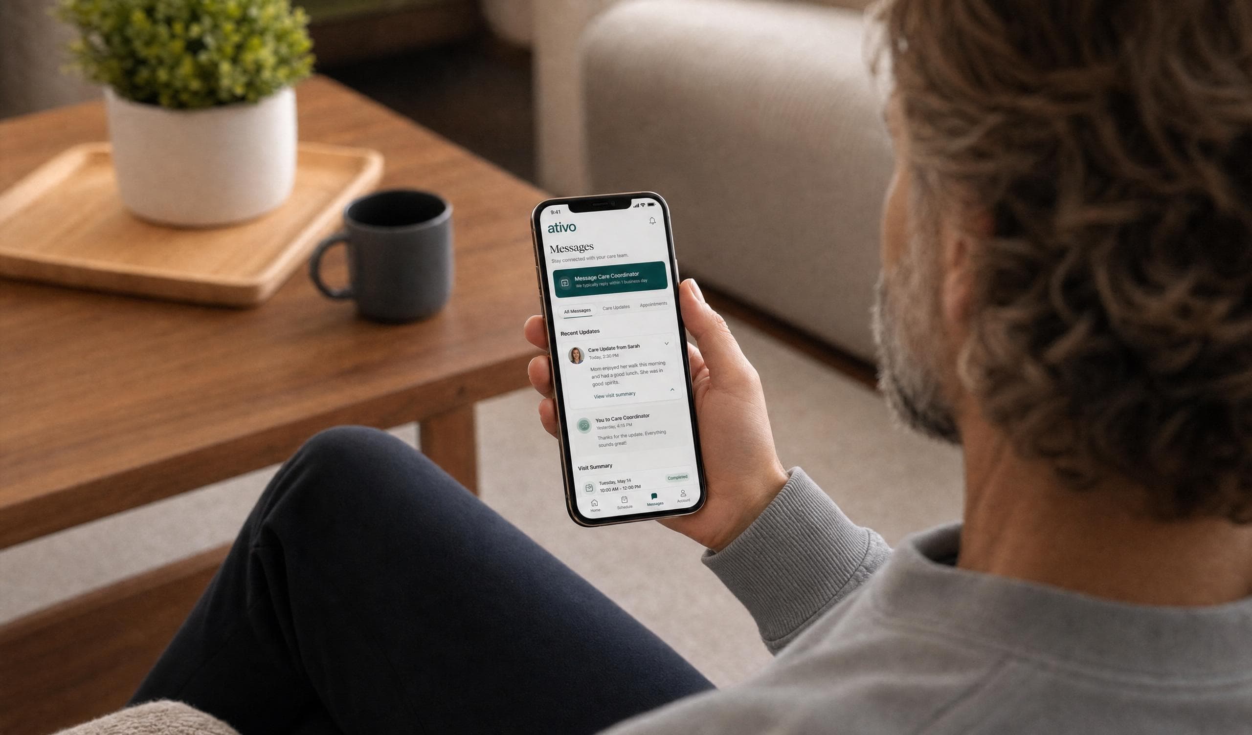 Ativo Home Care app showing caregiver messages and ongoing communication with the care coordinator