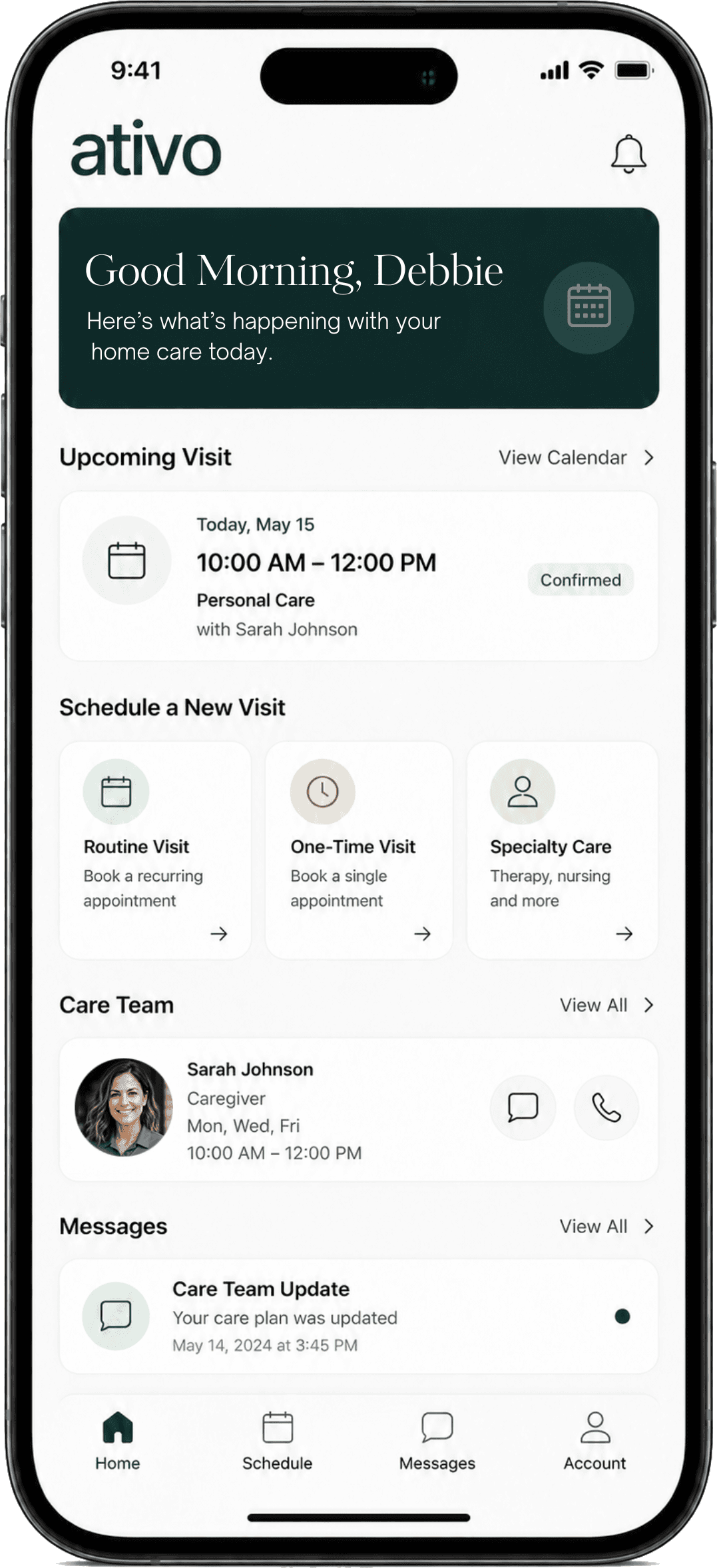 Ativo Home Care family portal app showing upcoming visits, care team, and messages